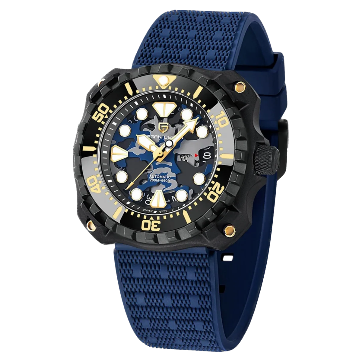 Wristwatch with blue strap and black dial on a white background