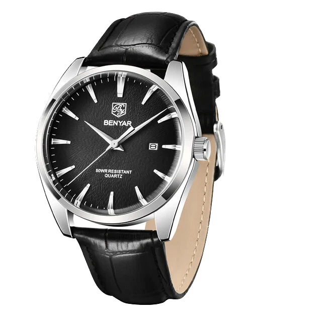 Benyar BY-5163 men's luxury quartz watch with black dial, silver case and black leather strap
