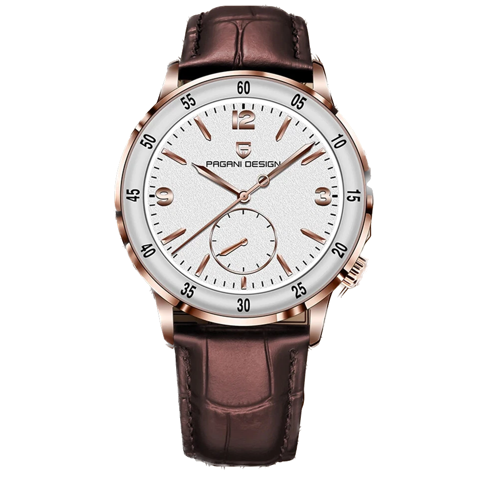 Watch with brown leather strap and white dial on a white background
