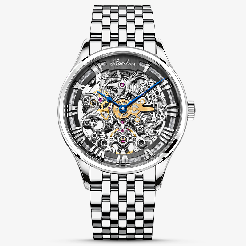 Agelocer Schwarzwald double-sided skeleton automatic watch in steel with an open-worked movement visible through the dial