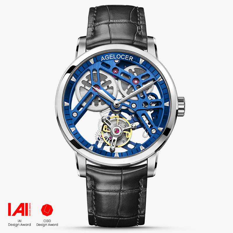 Agelocer Free-Sprung Flying Tourbillon men's watch with blue dial and steel bracelet, showing the exposed one-minute tourbillon cage