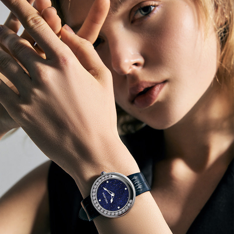 Close-up of the Agelocer Baikal Happy Diamond quartz women's watch, a 36mm blue-dial gift watch under $300
