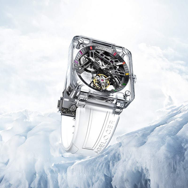 Agelocer Tourbillon Limited Edition Sapphire Skeleton, transparent sapphire case and white silicone strap, photographed on glacier ice