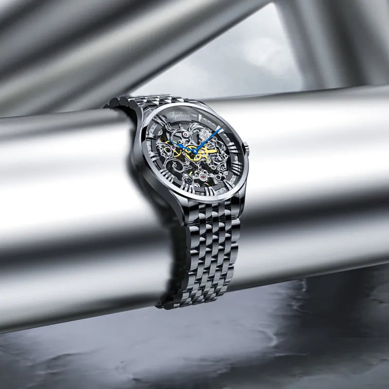 Agelocer Schwarzwald Double-Sided Skeleton in steel, open-worked dial with blued hands over a gilt gear train