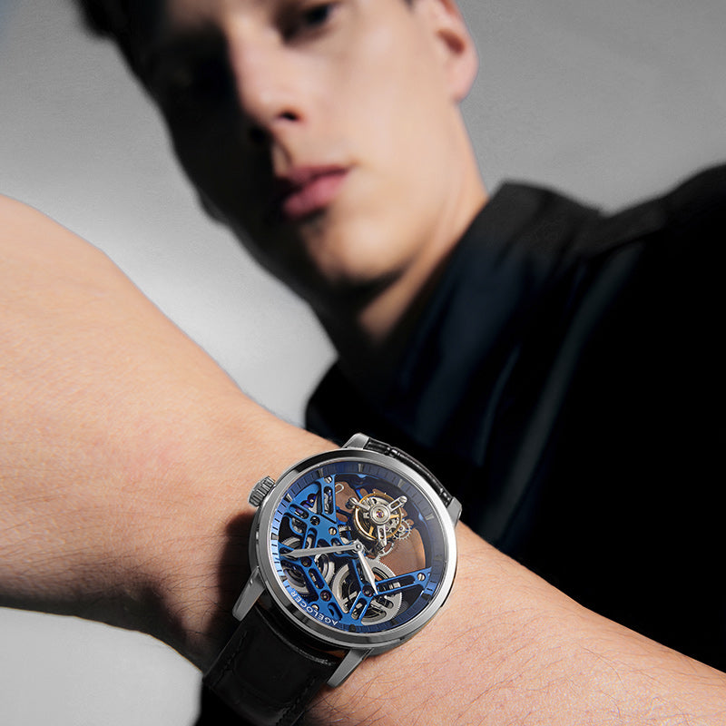 Agelocer Free-Sprung Flying Tourbillon worn on the wrist, blue open-worked dial with an exposed rotating tourbillon cage