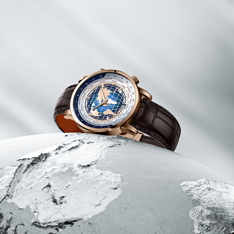 Agelocer World Time automatic watch with a world-map dial resting on a globe, stated 80-hour power reserve