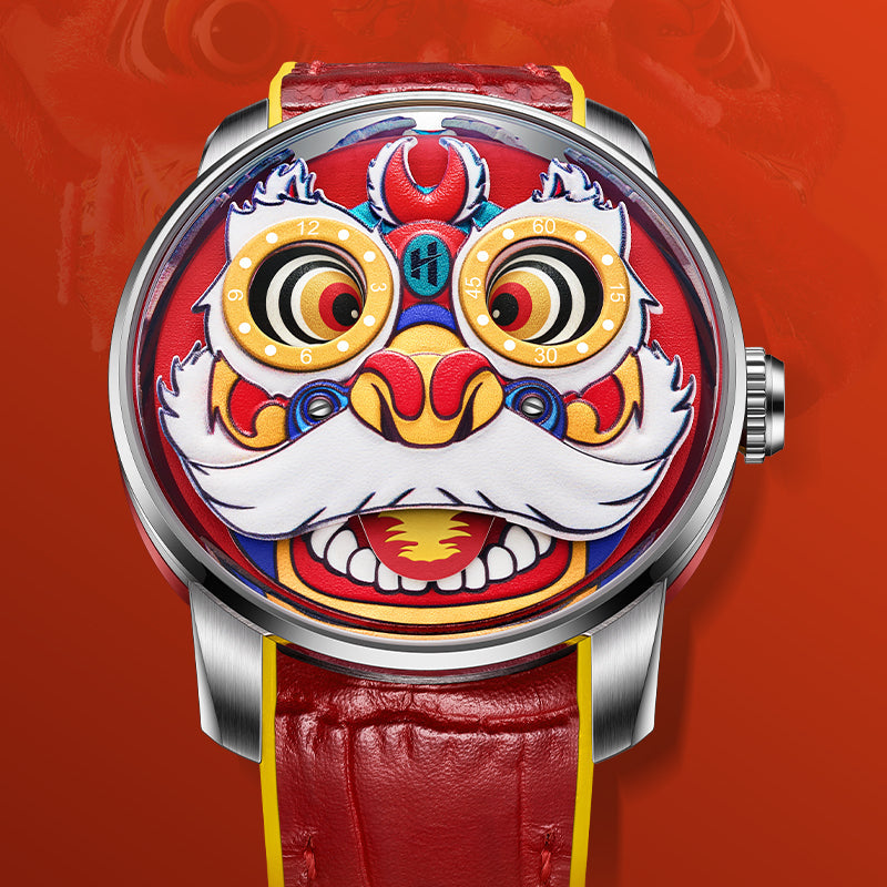 Lucky Harvey ZLS105-1 red lion dance watch with moving eye dials, shown close up against a red background