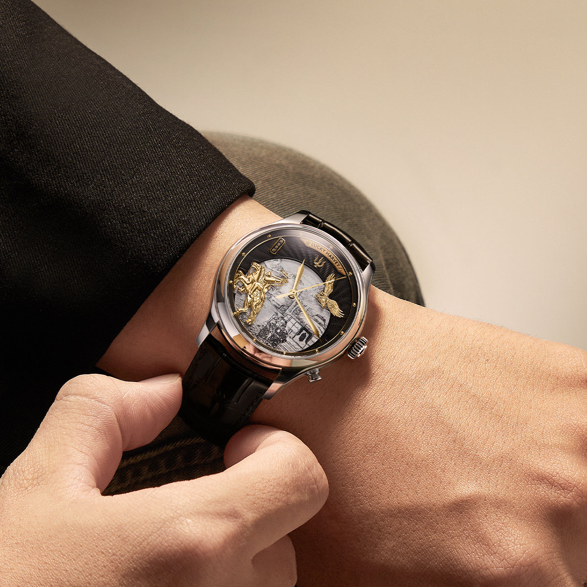 Lucky Harvey ZLS504-1 Genghis Khan automaton chiming watch on the wrist, gold rider and eagle sculpted over a black guilloche dial