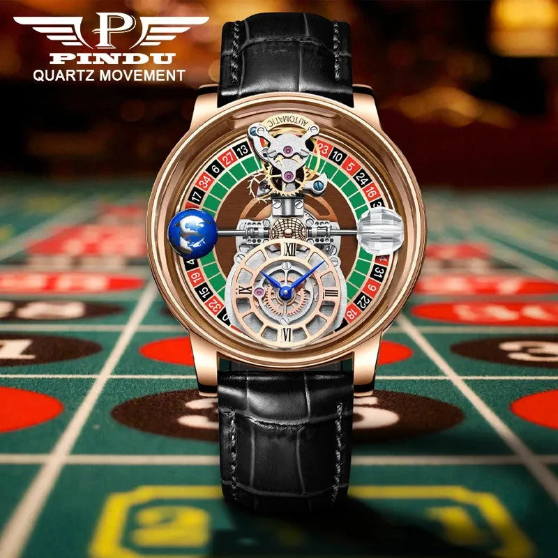 PINDU watch close-up showing dial finishing, polished case, and skeletonized movement detail