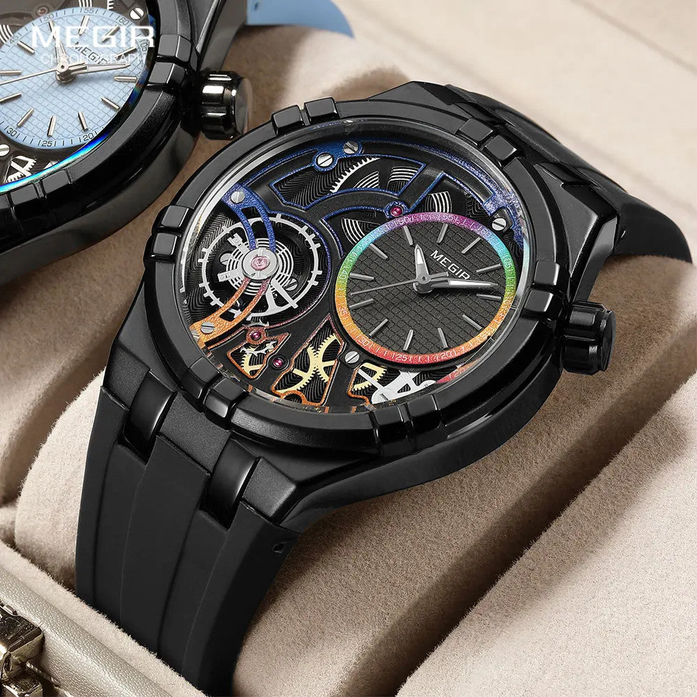 Megir black chronograph watch with three silver subdials on a dark gradient background