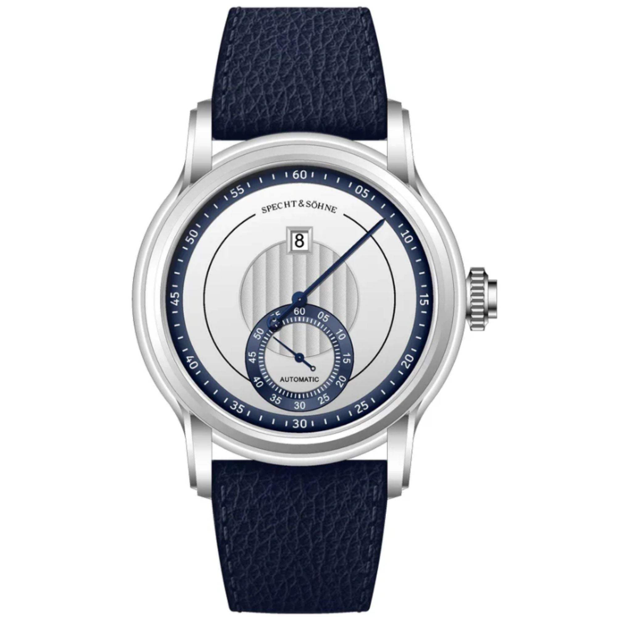 Specht & Sohne SP0032 jump hour watch with silver dial and hour aperture at 12 on a leather strap