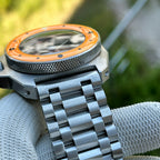 STEELDIVE SD2212 dial close-up on a light brown leather strap