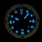STEELDIVE SD2213 dial glowing blue in the dark showing the round lume plots and arrow hands