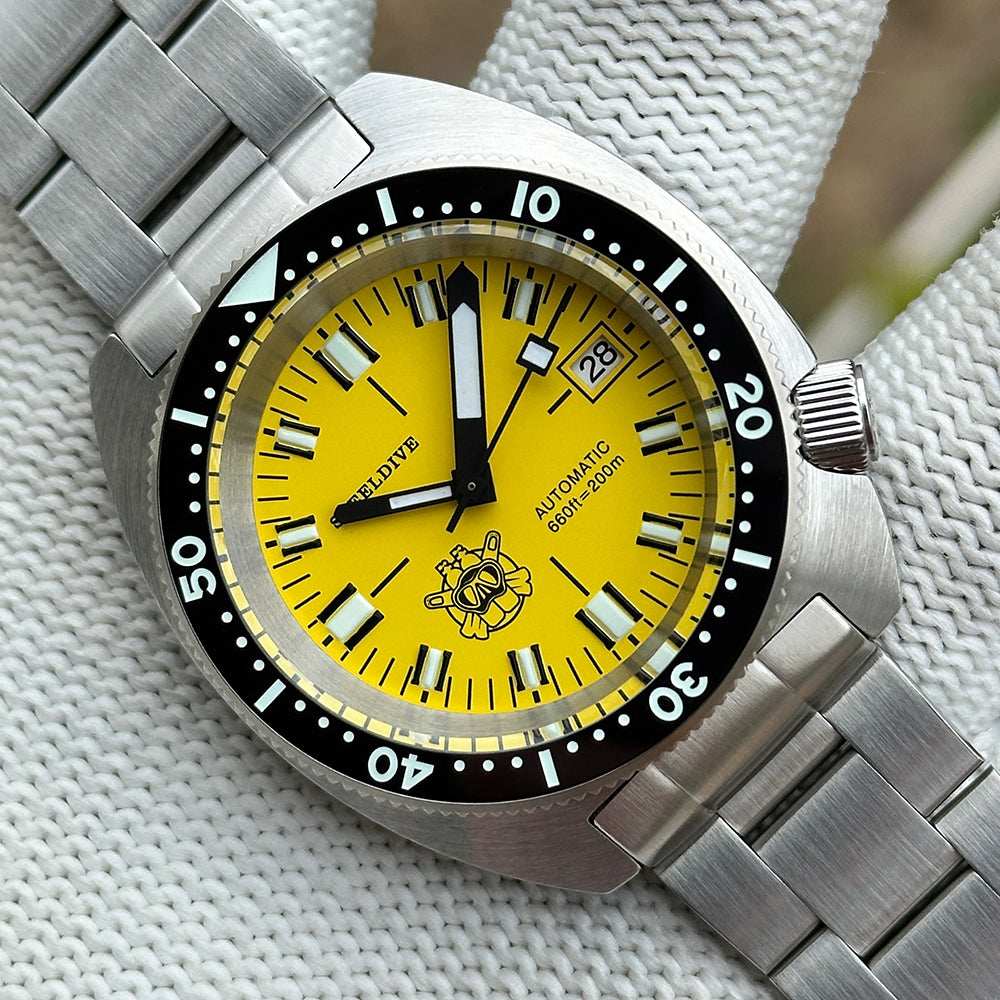STEELDIVE SD1977T yellow dial Slim Turtle dive watch on a stainless steel bracelet