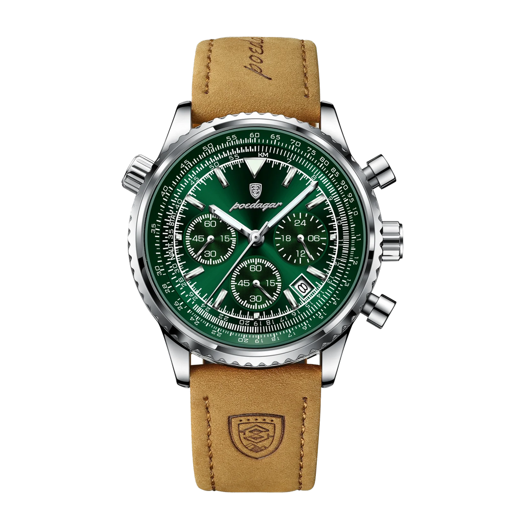Watch with green face and brown leather strap on a white background