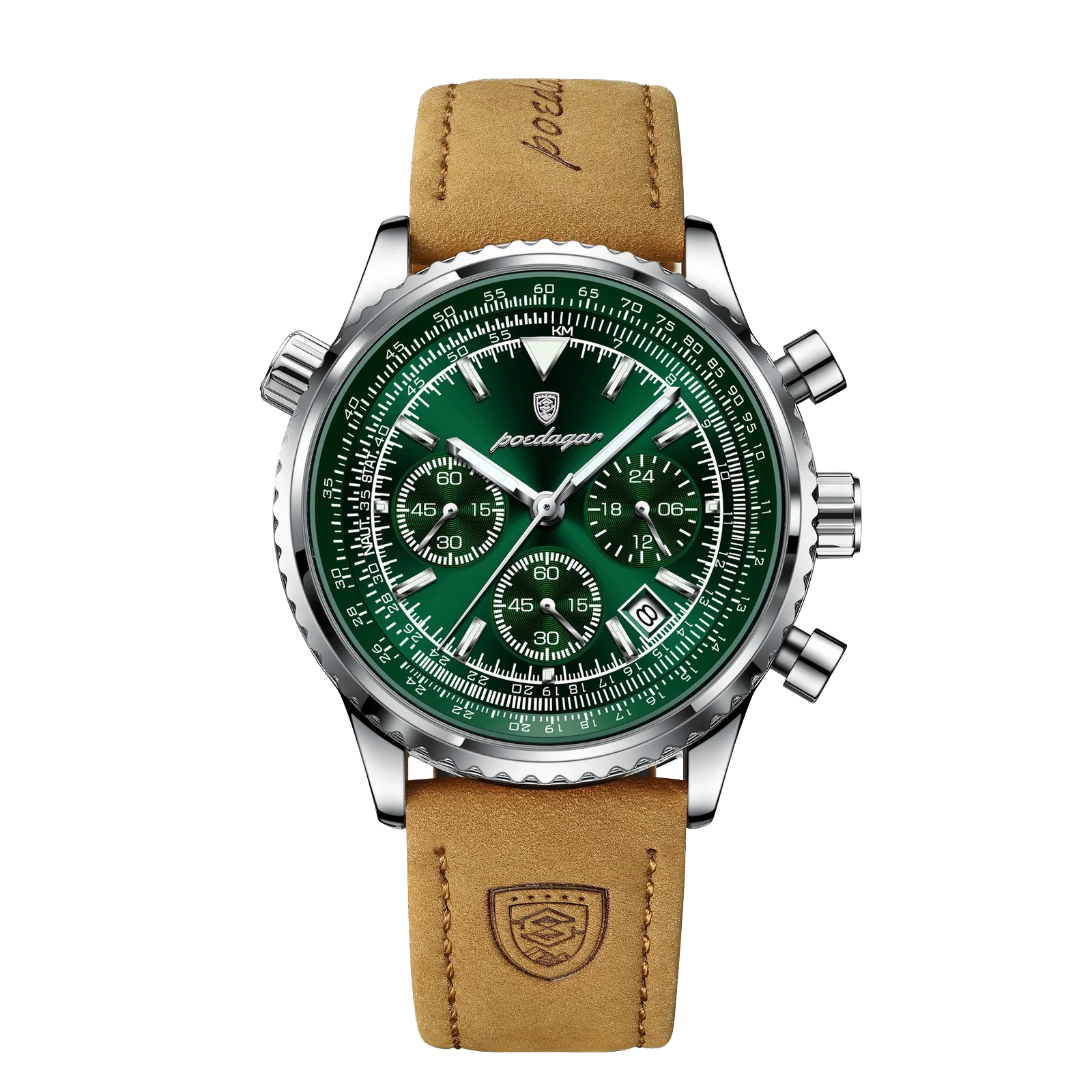 Watch with green face and brown leather strap on a white background