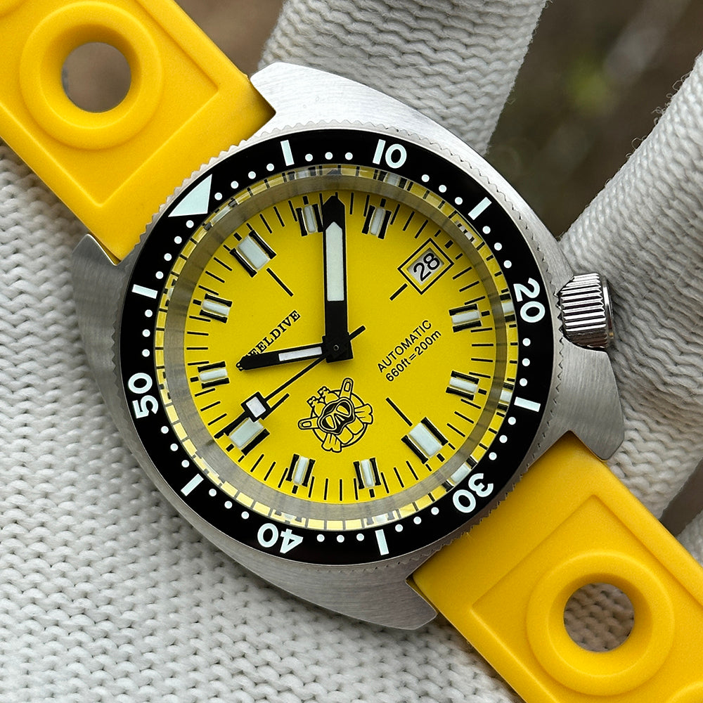 STEELDIVE SD1977T yellow dial Slim Turtle dive watch on a yellow perforated rubber strap