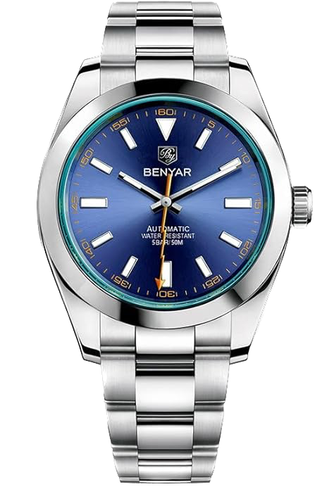 Silver watch with a blue dial on a white background