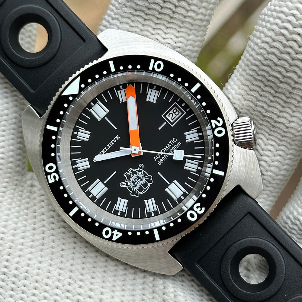 STEELDIVE SD1977T black dial Slim Turtle dive watch on a black perforated rubber strap