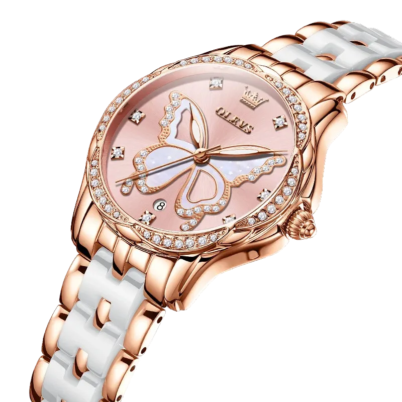 OLEVS Luxury Butterfly Diamond Rose Gold Ceramics Steel Women's Watch Waterproof-PrimeTimepiece
