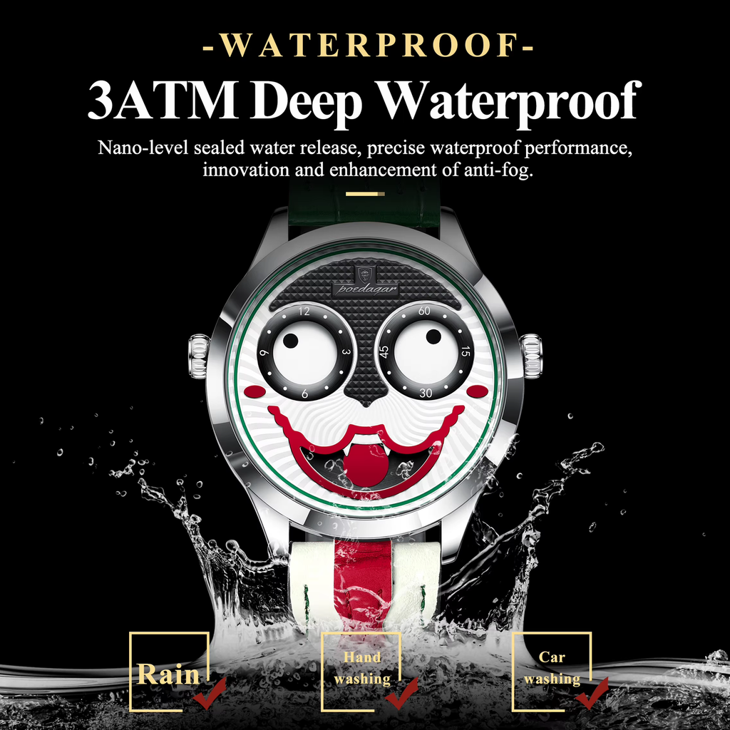 POEDAGAR 676 Men's Leather Quartz Sports Watch in Black Grey Red with watch