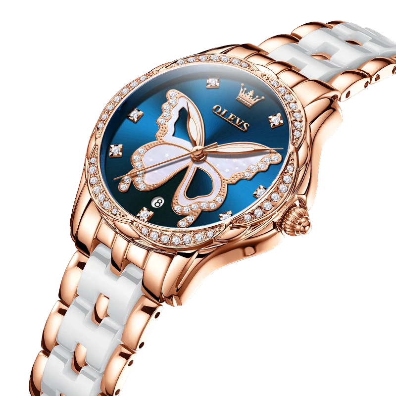 OLEVS Luxury Butterfly Diamond Rose Gold Ceramics Steel Women's Watch Waterproof