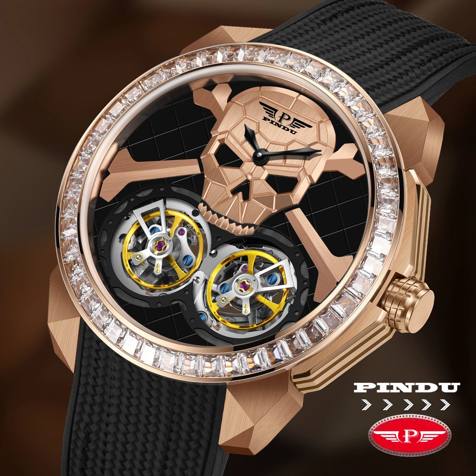 PINDU PD6666 Double Flying Wheel Ghost Head Dial Automatic Men's Watch in Silvery with watch