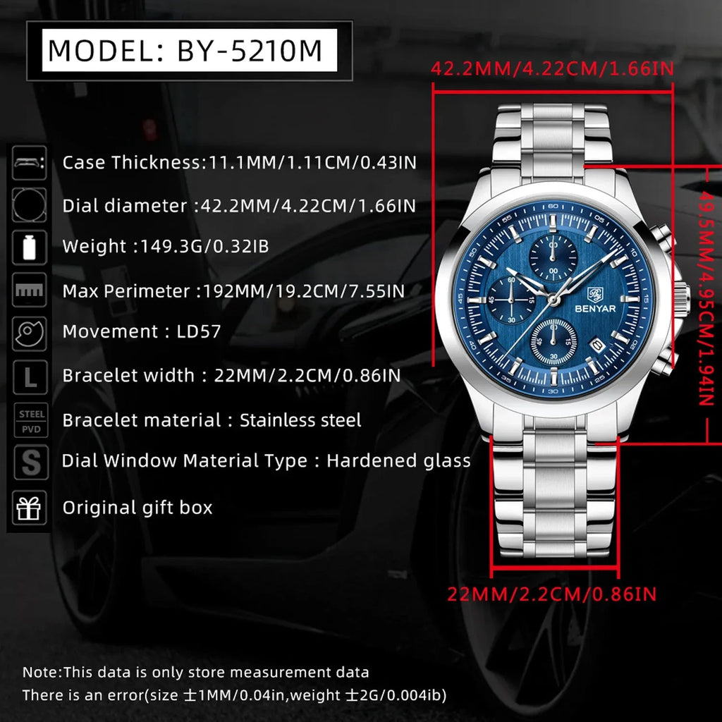 BENYAR BY‑5210 Luxury Chronograph Quartz Watch for Men – Leather & Waterproof-PrimeTimepiece