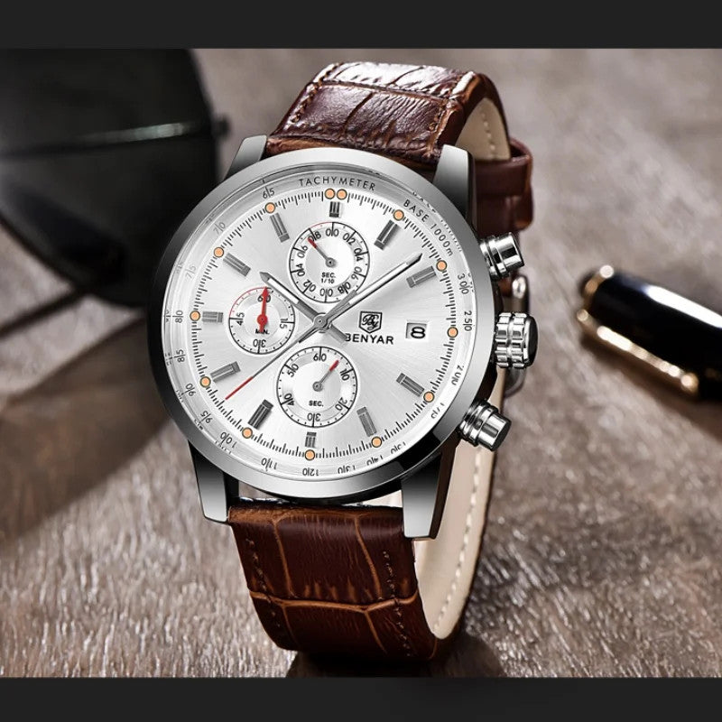 BENYAR BY-5102 Men's Quartz Chronograph Sports Watch Silver White