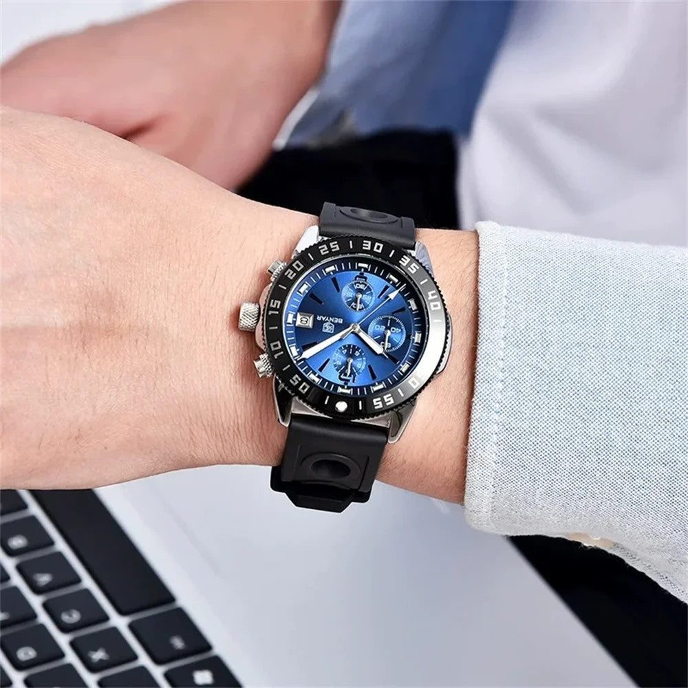 BENYAR BY-5198 Men's Quartz Sports Chronograph Watch in Blue Silver with watch