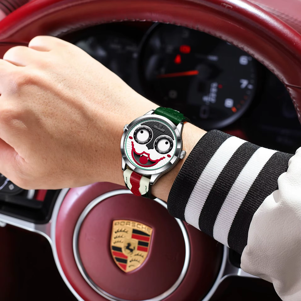 POEDAGAR 676 Men's Leather Quartz Sports Watch in Black Grey Red with watch