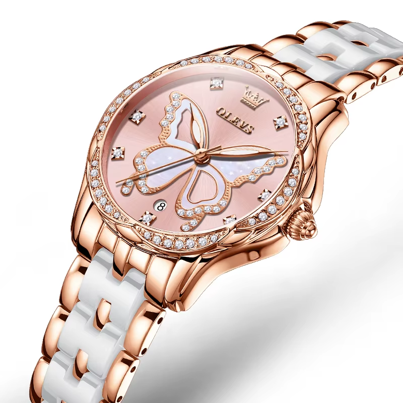 OLEVS Luxury Butterfly Diamond Rose Gold Ceramics Steel Women's Watch Waterproof