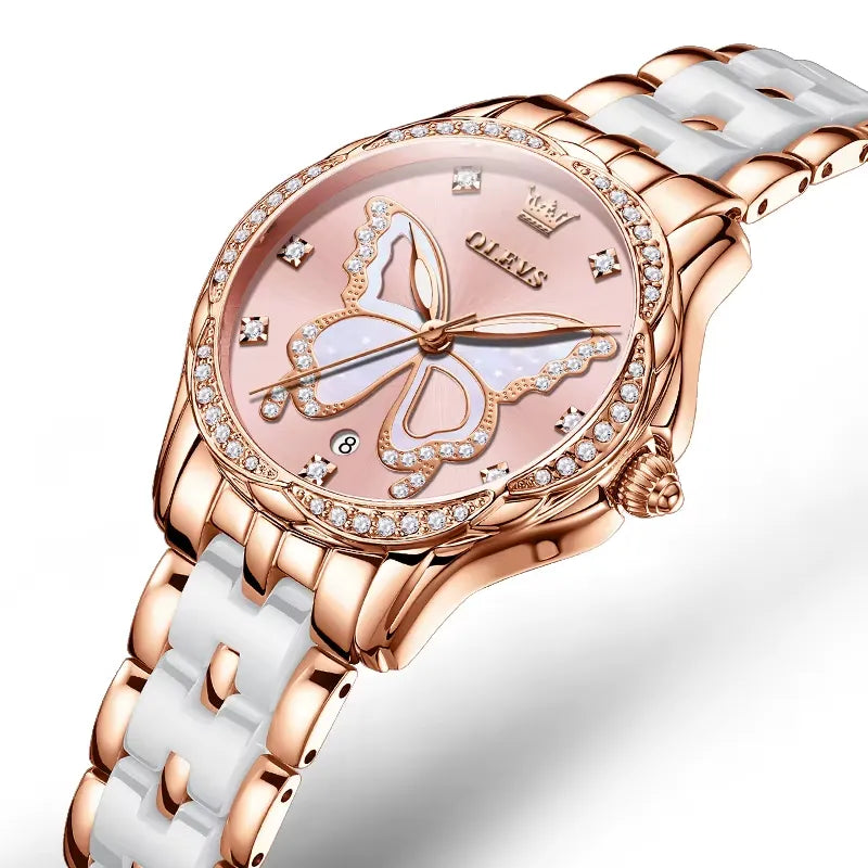 OLEVS Luxury Butterfly Diamond Rose Gold Ceramics Steel Women's Watch Waterproof-PrimeTimepiece
