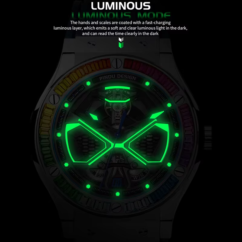 PINDU Luxury Color Diamond Mechanical Stainless Steel, Silicone Waterproof Watch