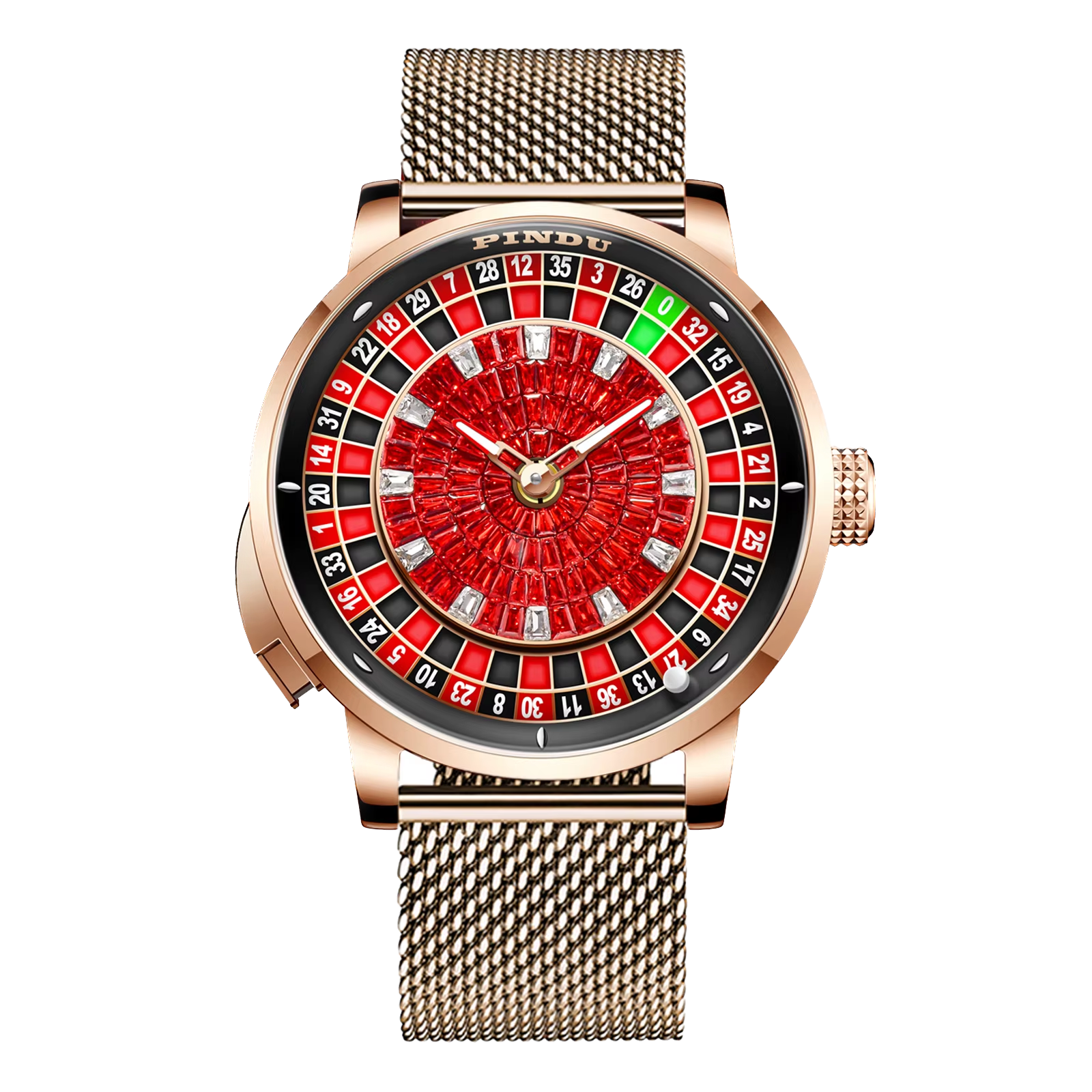 PINDU Button Rotating Red Diamond Dial Mechanical NH35 Automatic Watch For Men