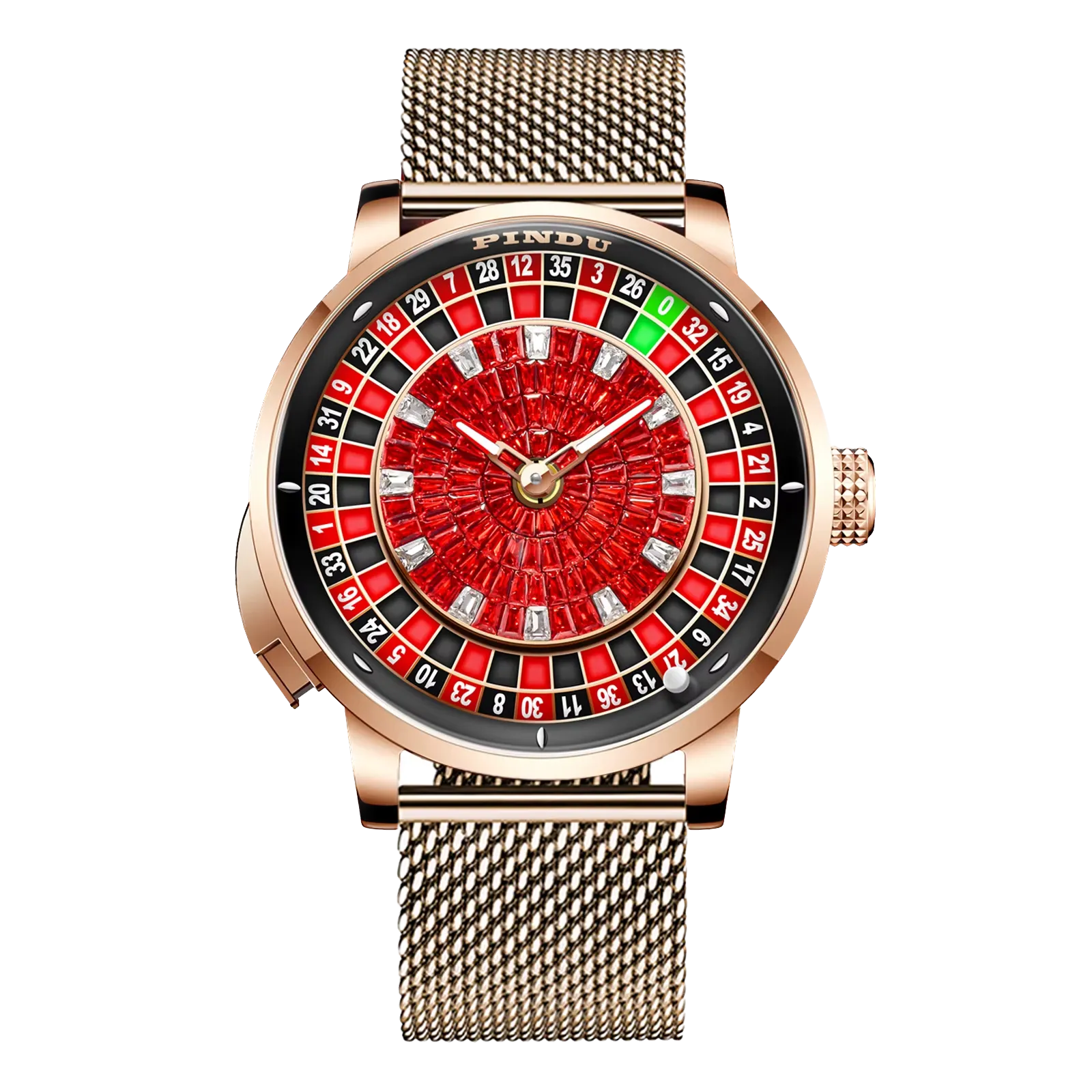 PINDU Button Rotating Red Diamond Dial Mechanical NH35 Automatic Watch For Men-PrimeTimepiece