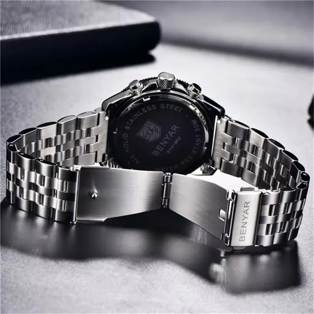 BENYAR BY-5198 Men's Quartz Sports Chronograph Watch in Blue Silver with watch