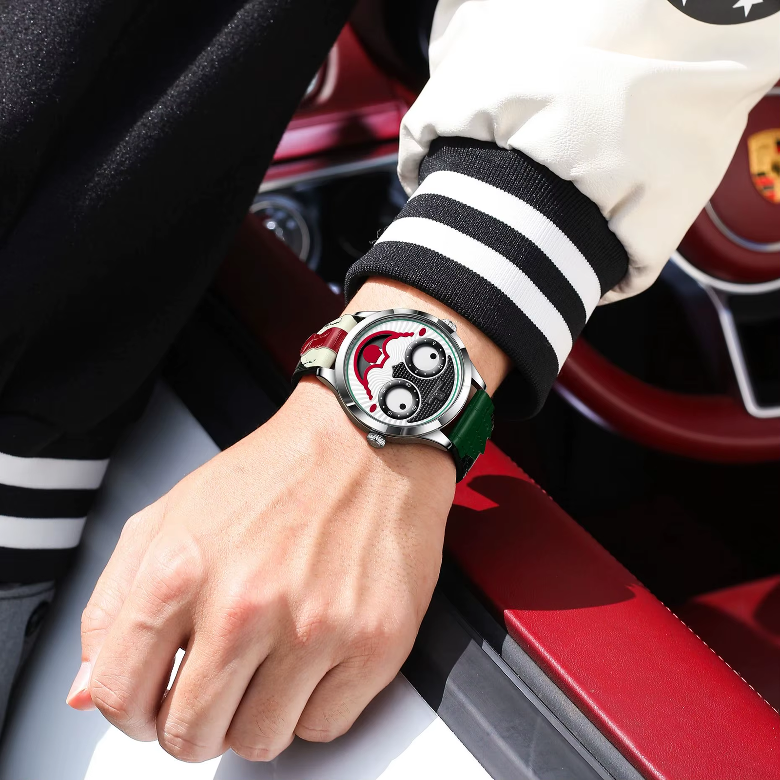 POEDAGAR 676 Men's Leather Quartz Sports Watch in Black Grey Red with watch