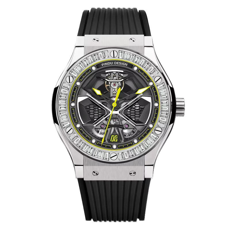PINDU Luxury Color Diamond Mechanical Stainless Steel, Silicone Waterproof Watch