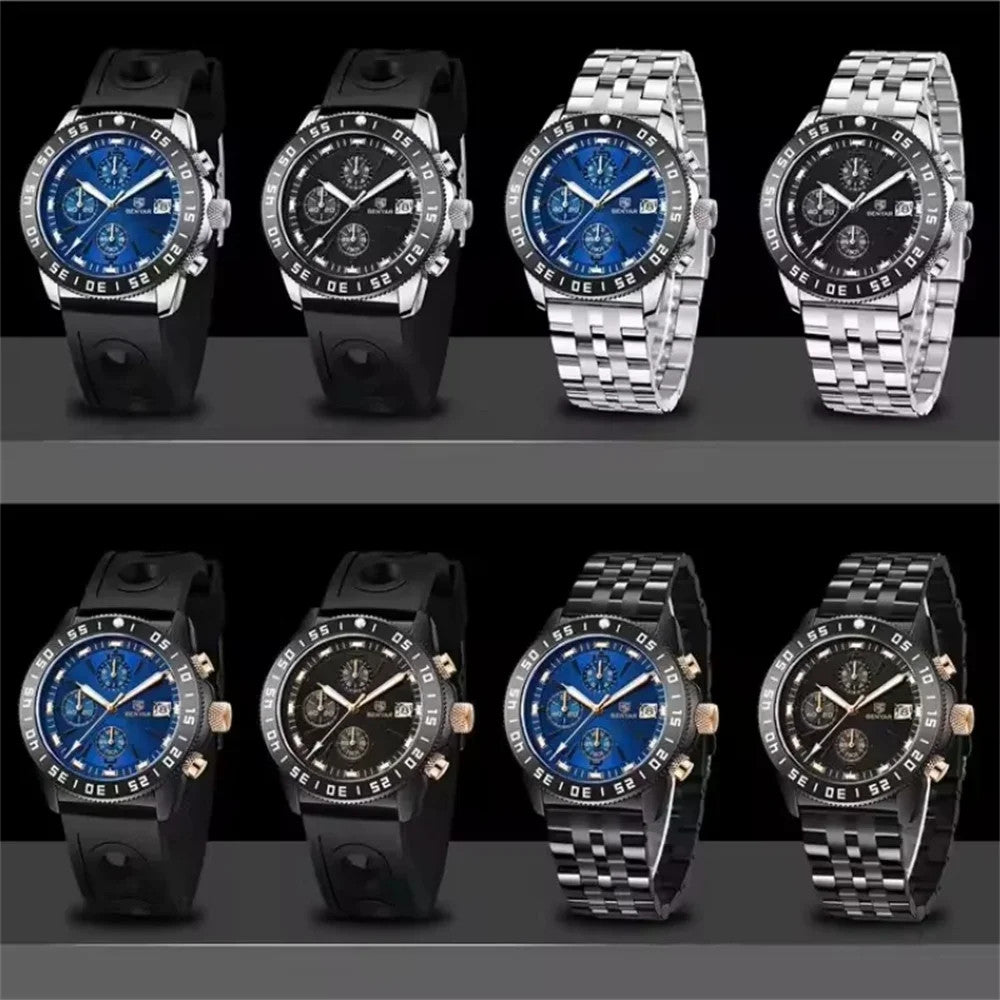 BENYAR BY-5198 Men's Quartz Sports Chronograph Watch in Blue Silver with watch