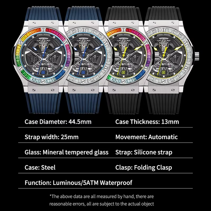 PINDU Luxury Color Diamond Mechanical Stainless Steel, Silicone Waterproof Watch