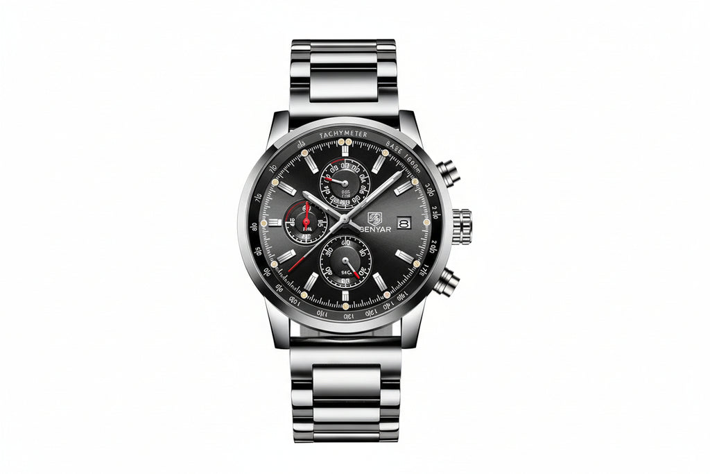 BENYAR BY-5102 Men's Quartz Chronograph Sports Watch Silver White