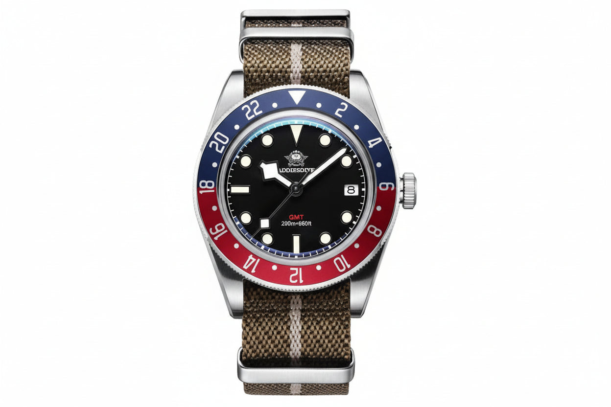 ADDIESDIVE AD2044 Men's Analog GMT515-24H Watch Diver 200M Bubble Mirror Glass