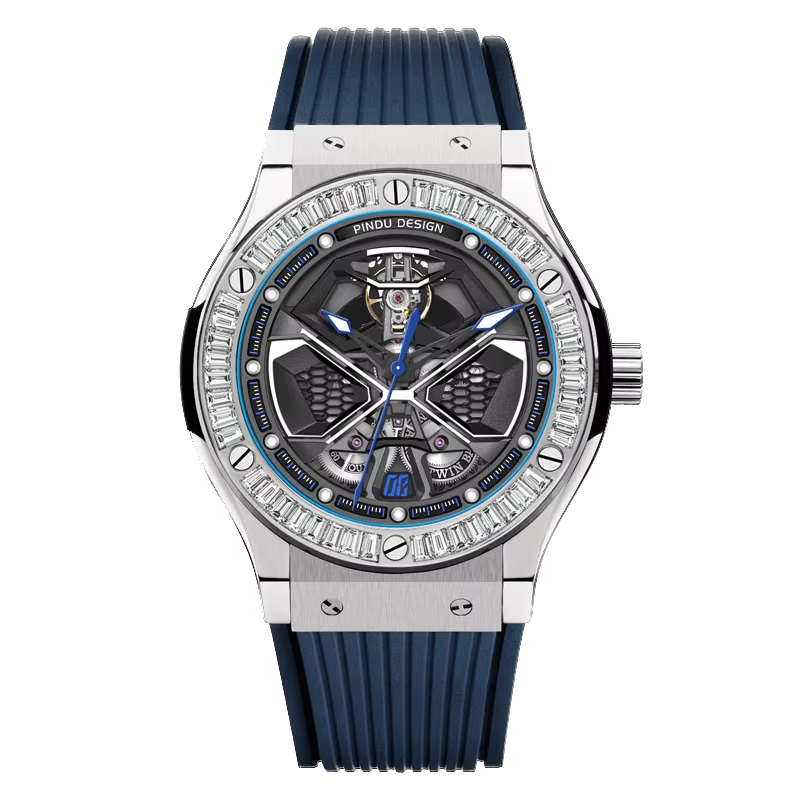 PINDU Luxury Color Diamond Mechanical Stainless Steel, Silicone Waterproof Watch