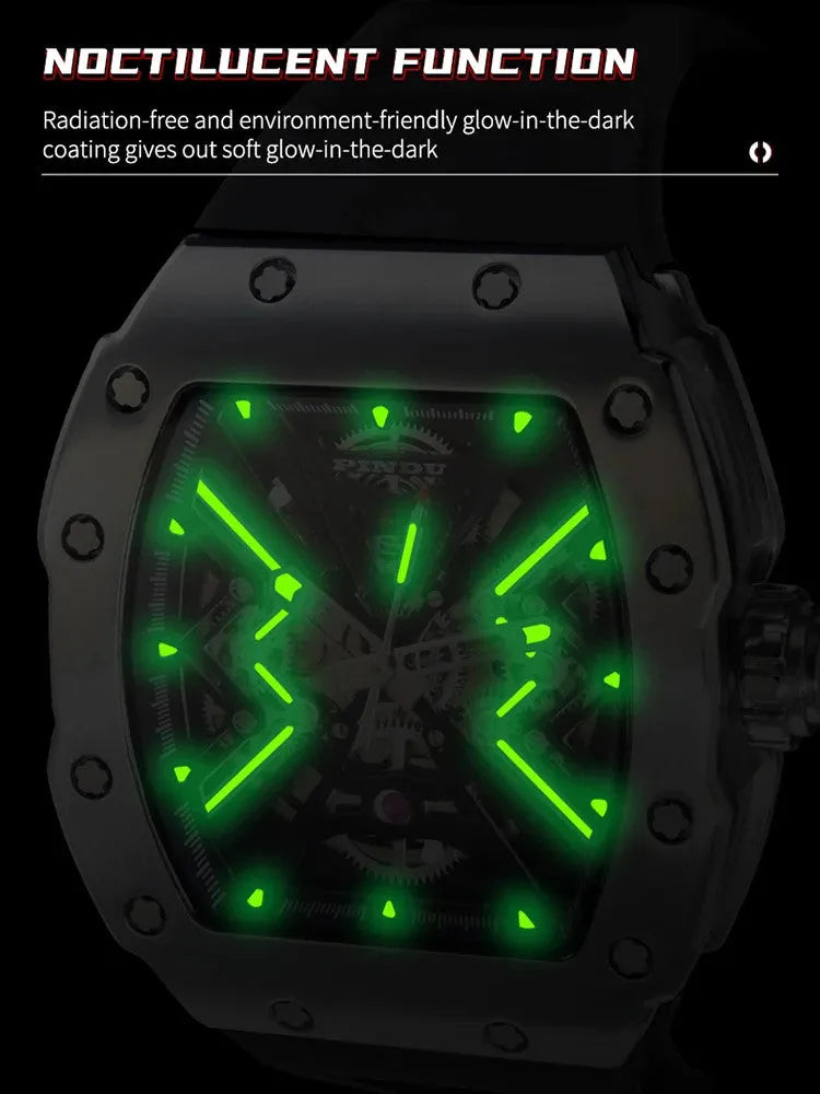 PINDU Mens Tonneau Watch 50 Meter Waterproof Luminous Sapphire Mirror Dial-PrimeTimepiece