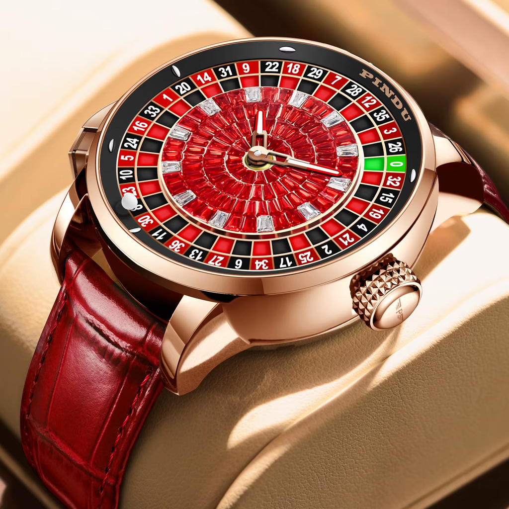 PINDU Button Rotating Red Diamond Dial Mechanical NH35 Automatic Watch For Men