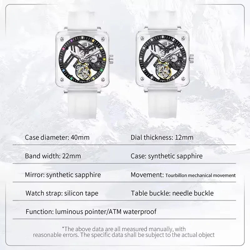 PINDU Tourbillon Movement Sapphire Mirror Men Transparent Case Rubber Strap