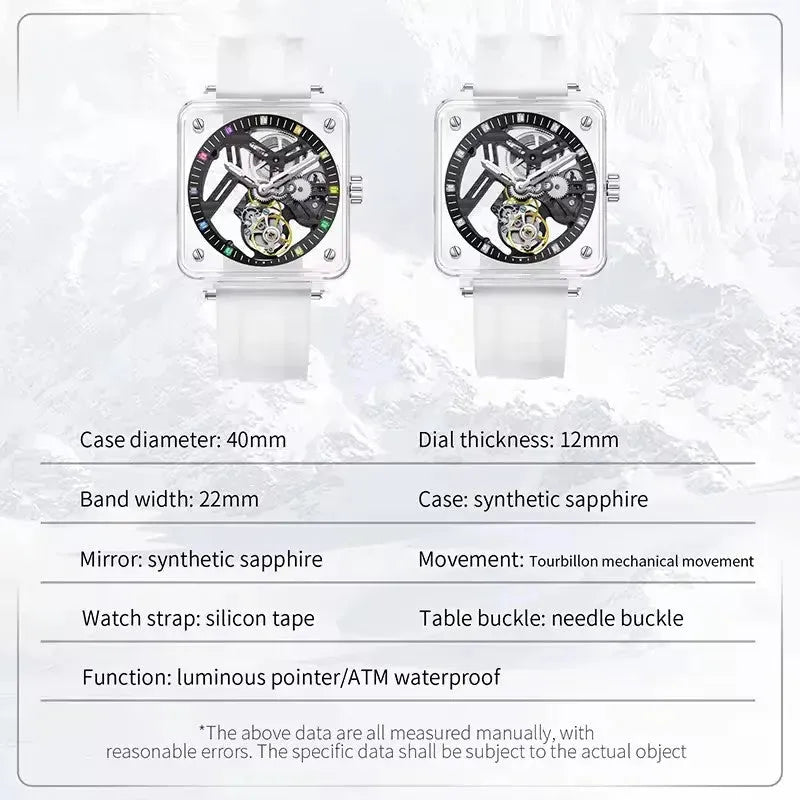 PINDU Tourbillon Movement Sapphire Mirror Men Transparent Case Rubber Strap-PrimeTimepiece