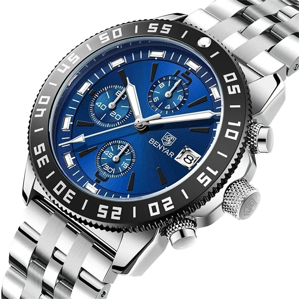 BENYAR BY-5198 Men's Quartz Sports Chronograph Watch in Blue Silver with watch