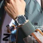 POEDAGAR Men's Leather Quartz Sports Watch in Black Gold with watch